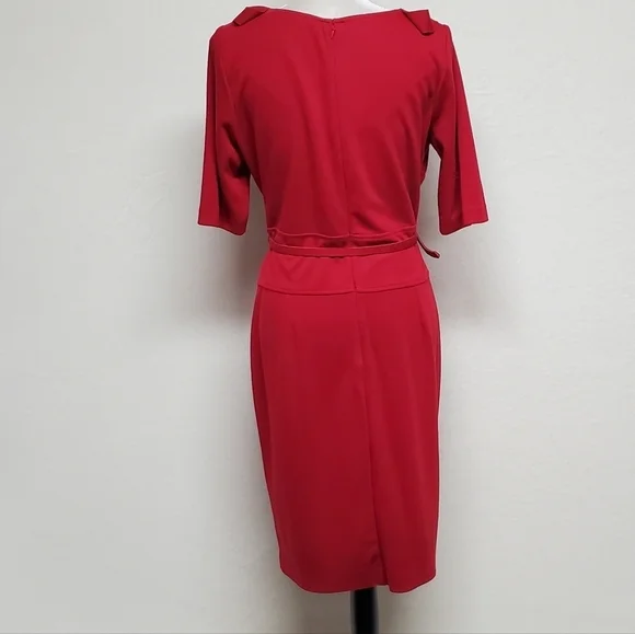 Retro Julian Taylor Red Front Ruffle Scoop Neck Belted Short Sleeve Midi Dress - Picture 10 of 15